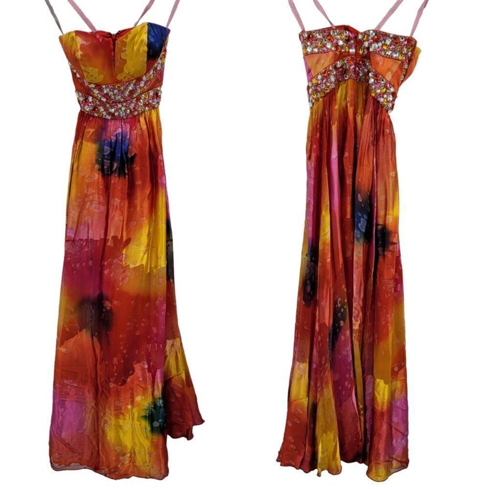 Womens Alexia‎ Gown Silk Stapless Jeweled Bustier Fairycore Acid Pixie Rainbow 2